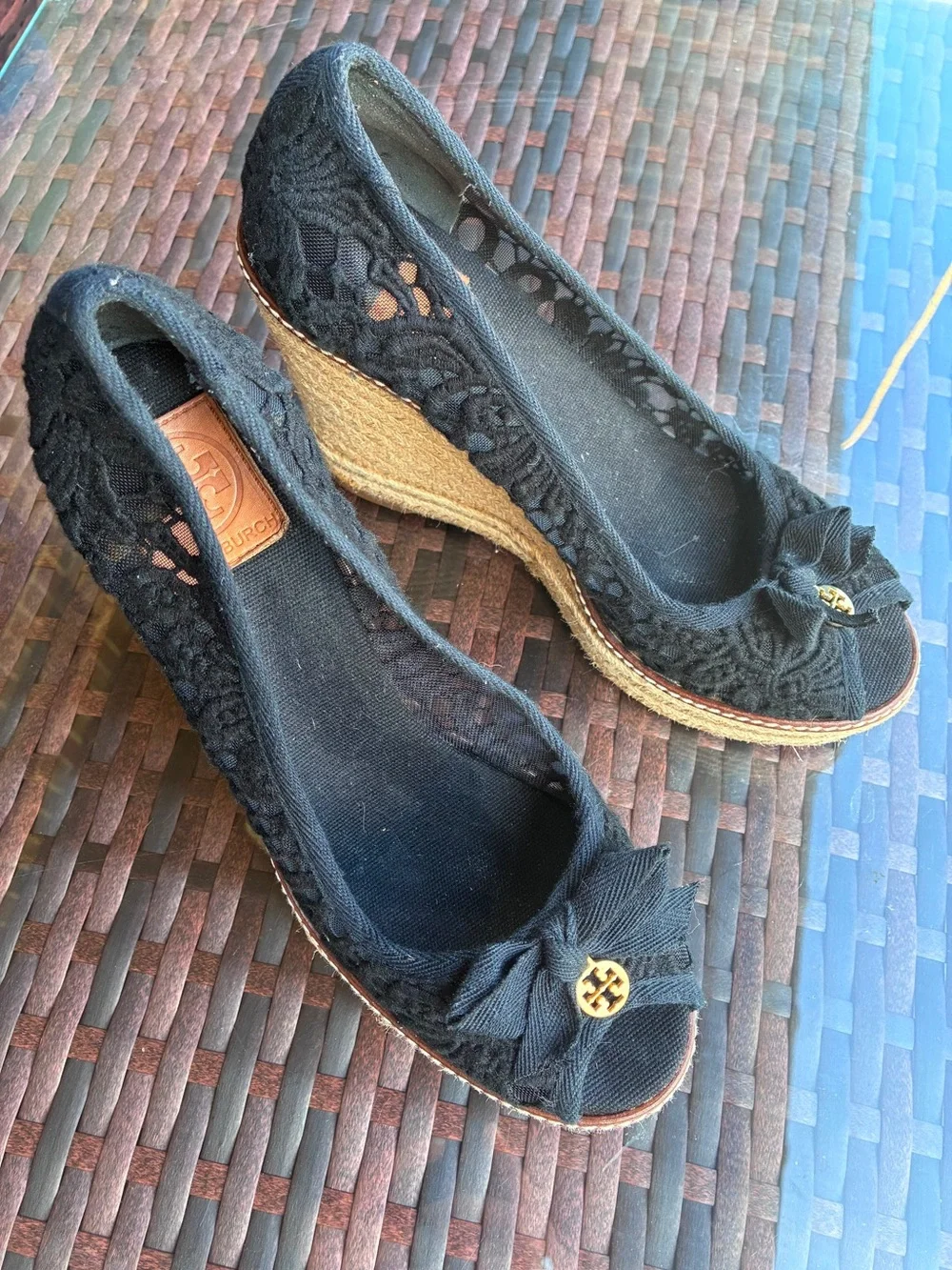 Tory Burch Black Lace Espadrille Wedge with Gold Logo